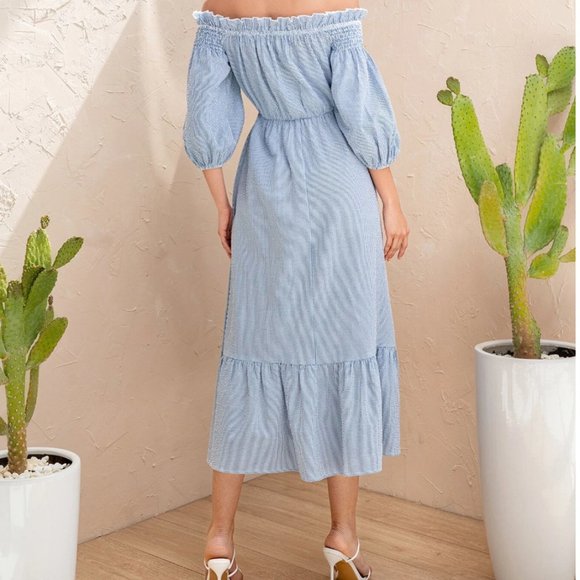Striped Off Shoulder Ruffle Hem A-line Dress - Picture 2 of 4